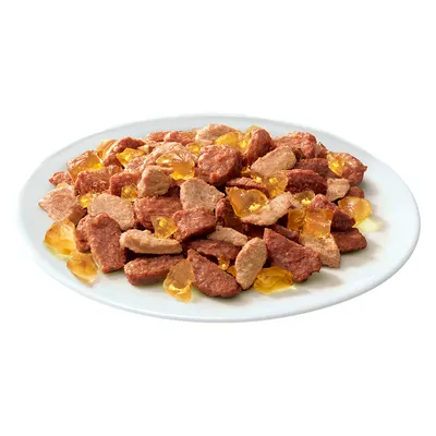 Bucăți de hrană umedă pentru animale pe o farfurie albă, cu sos gelatinos galben vizibil printre bucățile de carne.