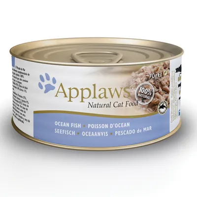 Applaws Natural Cat Food, 70 g burk. Text: 100% natural, ocean fish, dolphin friendly. Flera språk på etiketten.