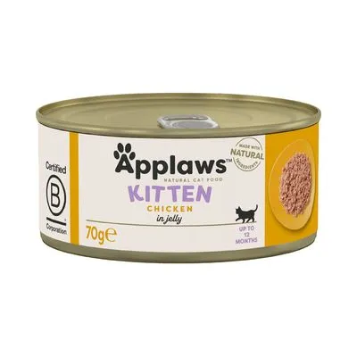 Blik Applaws Kitten Chicken in jelly, 70 g. Tekst: Certified B Corporation, made with natural ingredients, up to 12 months. Afbeelding van kattenvoer op bord zichtbaar.
