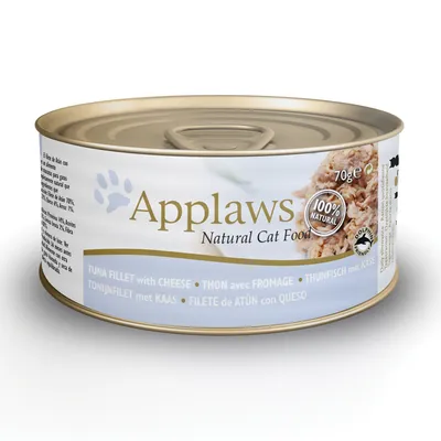 Applaws Natural Cat Food, 70 g burk. TUNA FILLET with CHEESE. Märkt 100% natural och Dolphin Friendly. Text på flera språk synlig på etiketten.