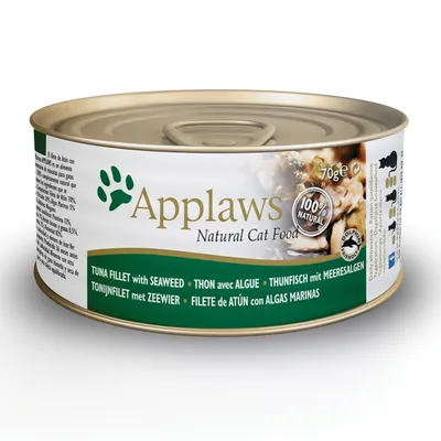 Applaws Natural Cat Food, 70 g burk. TUNA FILLET with SEAWEED. 100% NATURAL. DOLPHIN FRIENDLY. Synlig text på flera språk om tonfiskfilé med sjögräs.