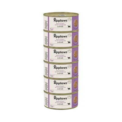 Applaws comida para gatos, cavala com sardinha em caldo, latas de 70g, ingredientes naturais, produto certificado B-Corp. Pilha de seis latas visível.