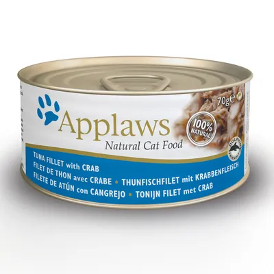 Applaws Natural Cat Food, 70 g burk. Text: Tuna fillet with crab, 100% natural, Dolphin friendly. Flera språk på etiketten.