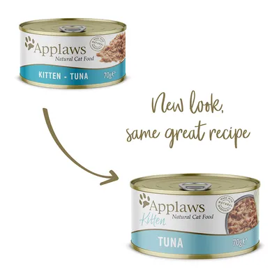 Comparación de dos latas Applaws Natural Cat Food Kitten Tuna 70g con nuevo diseño. Texto en inglés: New look, same great recipe.
