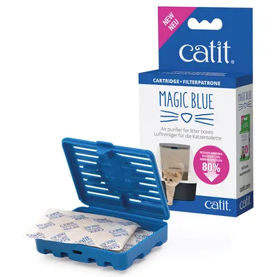 Cartuș Catit Magic Blue pentru litiere, purificator de aer, ambalaj cu text: „Reduces ammonia 80%”, imagine cu pisică și pliculețe în suport albastru din plastic.
