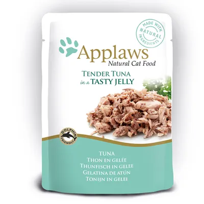 Applaws Natural Cat Food, Tender Tuna in a Tasty Jelly. Dolphin Friendly. Made with natural ingredients. TUNA, Thon en gelée, Thunfisch in Gelee, Gelatina de atún, Tonijn in gelei.