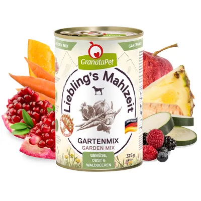 Boîte GranataPet Liebling’s Mahlzeit Gartenmix 375 g, texte visible : Gemüse, Obst & Waldbeeren. Fruits et légumes visibles autour : grenade, ananas, pomme, courgette, baies, carotte.