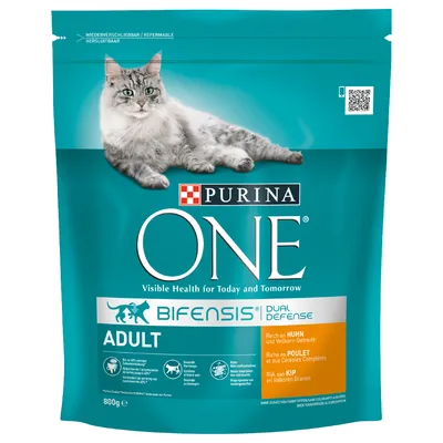 PURINA ONE Bifensis Dual Defense Adult kattmat, 800 g. Text: Rich an Huhn und Vollkorn-Getreide, Visible Health for Today and Tomorrow. Bild på katt på förpackningen.