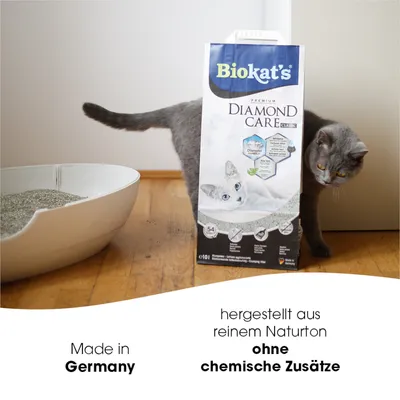 Biokat's Diamond Care Classic Katzenstreu, hergestellt aus reinem Naturton, ohne chemische Zusätze. Made in Germany.