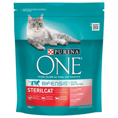 PURINA ONE Bifensis Sterilcat kattmat, 800 g. Text: Visible Health for Today and Tomorrow, rik på lax och vete. För steriliserade katter. Återförslutningsbar förpackning.