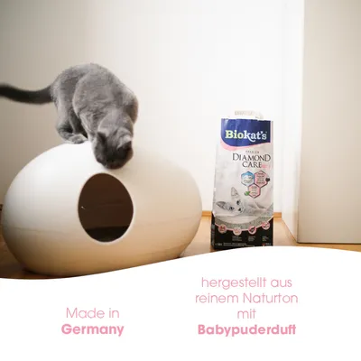 Biokat's Diamond Care Katzenstreu, hergestellt aus reinem Naturton mit Babypuderduft. Made in Germany.