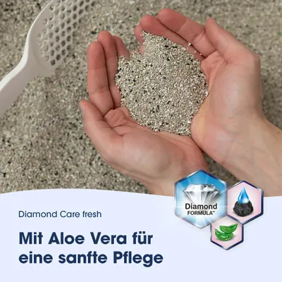 Diamond Care fresh Katzenstreu mit Aloe Vera für eine sanfte Pflege. Diamond Formula, Aloe Vera und Feuchtigkeitssymbol sichtbar.