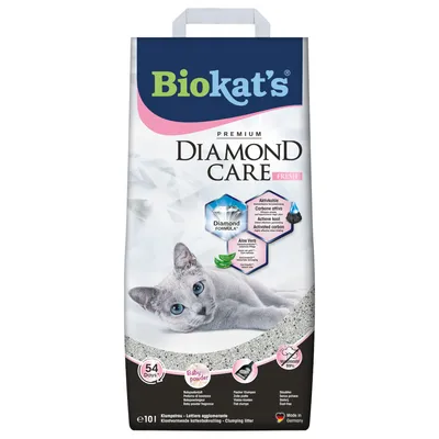Biokat's Diamond Care Fresh, 10 л. С активен въглен, алое вера, аромат на бебешка пудра. За котки. 54 дни употреба, 99% без прах. Произведено в Германия.