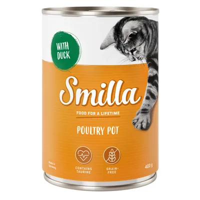 Smilla Poultry Pot kacsával, taurinnal, gabonamentes, 400g. Németországban készült. Macska látható a dobozon.