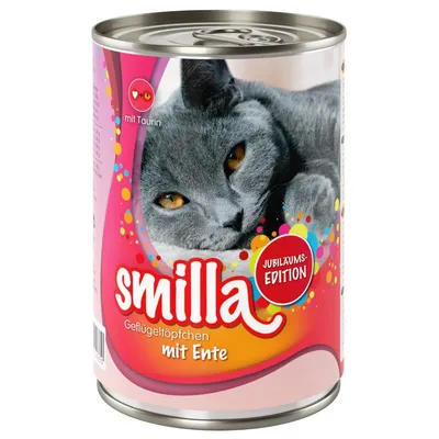 Smilla Jubiläums-Edition hydinový hrniec s kačicou, s taurínom. Krmivo pre mačky v konzerve s obrázkom sivej mačky.