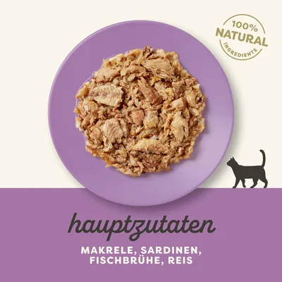 Hauptzutaten: Makrele, Sardinen, Fischbrühe, Reis. 100% natürliche Zutaten. Abbildung einer Mahlzeit auf lila Teller mit Katzen-Symbol.