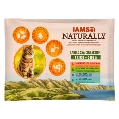 IAMS Naturally Land & Sea Collection kattemad, 4 x 85 g. Indeholder: North Atlantic Salmon, New Zealand Lamb, Wild Tuna, Ocean Cod. Synlig tekst: vitamin E, omega 3 & 6, fibre, protein.