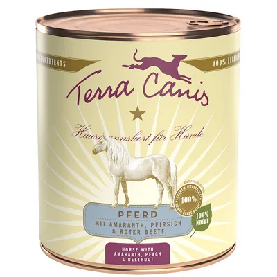 Boîte Terra Canis pour chien, saveur cheval avec amarante, pêche et betterave. Texte visible : 100 % Natur, 100 % Lebensmittelqualität, Hausmannskost für Hunde.