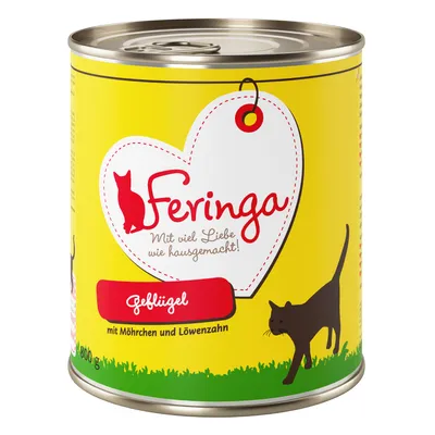 Feringa dåse med teksten: Mit viel Liebe wie hausgemacht! Geflügel mit Möhrchen und Löwenzahn. 800 g. Gul baggrund med sort kattegrafik.