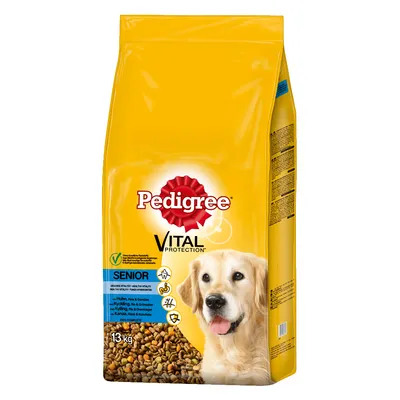 Sac de croquettes Pedigree Vital Protection Senior, 13 kg, avec image d’un chien, mention Huhn, Reis & Gemüse et texte Senior sur bande bleue. Marque et informations visibles sur l’emballage.