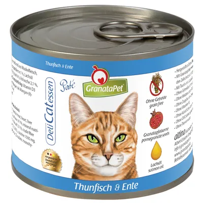 Konzerva GranataPet DeliCatessen Paté Thunfisch & Ente, obrázok mačky, text: Ohne Getreide grain free, Granatapfelkerne pomegranate seeds, Lachsöl salmon oil.