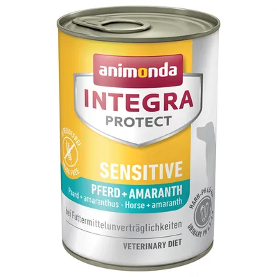 animonda INTEGRA PROTECT SENSITIVE PFERD + AMARANTH våtfoderburk, text: grain free, veterinary diet, urinary pH 6.5–6.9, horse + amaranth, bei Futtermittelunverträglichkeiten