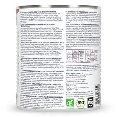 Voedingsadvies voor volwassen honden: bij 3 kg laag actief 245 g, matig actief 285 g; bij 5 kg 360 g/420 g; bij 10 kg 610 g/705 g. AB en Bio keurmerken zichtbaar.