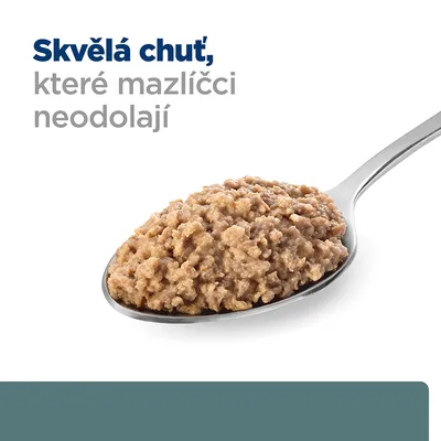 Lžíce s masovou směsí, text: Skvělá chuť, které mazlíčci neodolají.