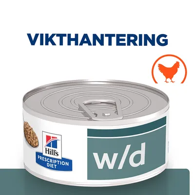Hill's Prescription Diet w/d våtfoderburk med texten 'Vikthantering' och en orange siluett av en höna synlig på bilden.