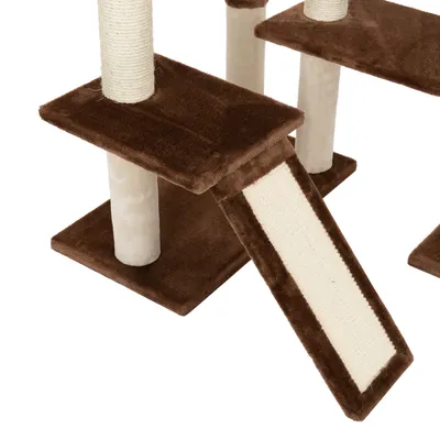Cat tree with brown platforms, sisal scratching surface and beige posts. Suitable for cats to scratch and climb.