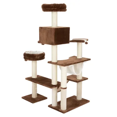 Brown cat tree with multiple levels, sisal posts, cave, hammock and resting areas.