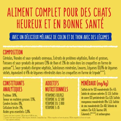 Aliment complet pour chats, mélange de colin et thon avec légumes. Composition, constituants analytiques : protéines 30 %, matières grasses 11 %, cendres brutes 8 %. Additifs et minéraux listés.