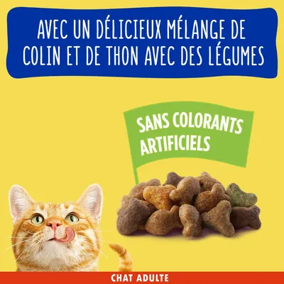 Avec un délicieux mélange de colin et de thon avec des légumes, sans colorants artificiels, croquettes pour chat adulte visibles, image d’un chat roux en bas à gauche.