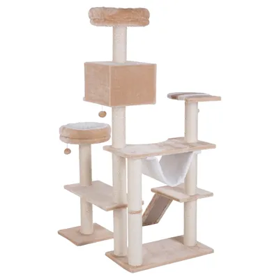 Krabpaal van beige stof en sisal met meerdere plateaus, een kubusvormig huisje, twee ligmanden, hangmat en speelballen aan touwtjes. Geschikt voor katten.