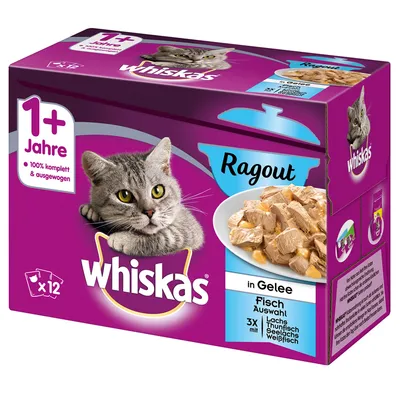 Whiskas Ragout în jeleu, selecție de pește pentru pisici 1+ ani, 12 plicuri. Text vizibil: 100% komplett & ausgewogen, Lachs, Thunfisch, Seelachs, Weißfisch.