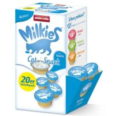 Animonda Milkies Cat Snack Active, 20er verpakking. Vier varianten zichtbaar: Active, Balance, Harmony, Adventure. Cupjes met blauwe deksel en witte tekst.