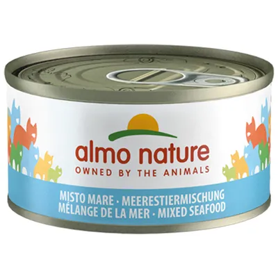 Almo Nature natvoerblik, zeevruchtenmix, Misto Mare. Opschrift: Owned by the Animals.