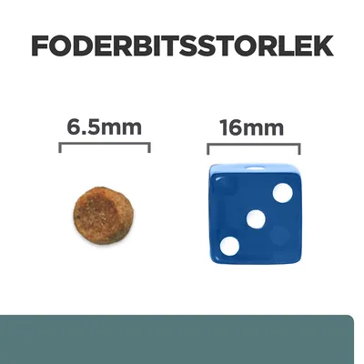 Foderbitsstorlek: foderbit 6,5 mm bredvid en blå tärning 16 mm som storleksjämförelse.