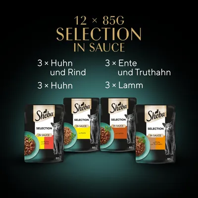 Sheba Selection in Sauce 12 × 85 g : 3 × Huhn und Rind, 3 × Huhn, 3 × Ente und Truthahn, 3 × Lamm. Texte en allemand sur l’emballage.
