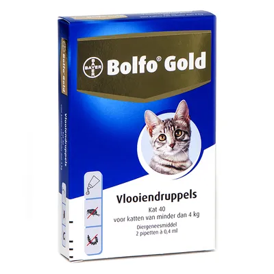 Bolfo Gold vlooiendruppels voor katten van minder dan 4 kg, Kat 40. Diergeneesmiddel, 2 pipetten à 0,4 ml. Afbeelding van kat en pictogrammen tegen vlooien en teken.