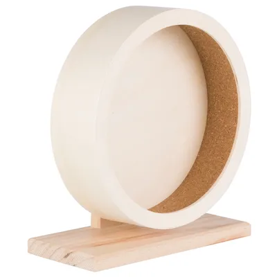 Ruota in legno chiaro con superficie interna in sughero e base stabile, adatta per piccoli animali.