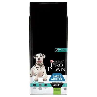 Sac hrană pentru câini Purina Pro Plan Large Athletic Adult, OptiDigest, Sensitive Digestion, cu miel. Text vizibil: 'Rich in lamb', 'Opti Nutrition', 'Sensitive Digestion'.