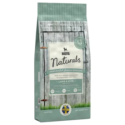 Bozita Naturals Lamb & Rice Sensitive hondenvoer, 12 kg zak. Tekst: made with natural ingredients, no unnecessary additives, made in Sweden. Voor volwassen honden.
