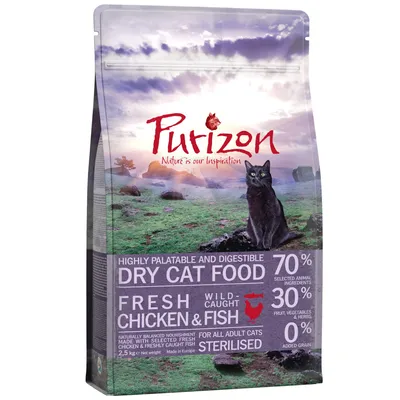 Purizon Dry Cat Food, Fresh Chicken & Fish, 2,5 kg. 70 % ingrédients animaux, 30 % fruits/légumes/herbes, 0 % céréales ajoutées. Pour chats adultes stérilisés. Texte en anglais.