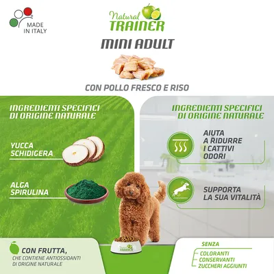 Natural Trainer Mini Adult med kylling og ris. Ingredienser: yucca schidigera, alga spirulina. Tekst på italiensk om naturlige ingredienser, uden farvestoffer, konserveringsmidler, tilsat sukker.