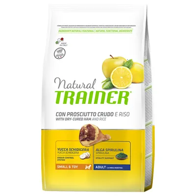 Natural Trainer koiranruoka, prosciutto crudo ja riisi. Small & Toy Adult. Yucca schidigera hajunhallinta, spirulina elinvoima. Made in Italy. Kuvassa sitruuna ja kinkku.
