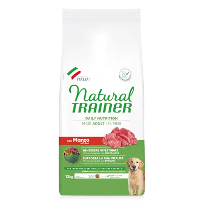 Sac de croquettes Natural Trainer Maxi Adult >15 Mesi, 12 kg, avec bœuf. Texte visible : bien-être intestinal, vitalité, ingrédients naturels, sans colorants ni sucres ajoutés. Sac de croquettes Natural Trainer Maxi Adult >15 Mesi, 12 kg, avec bœuf. Texte visible : bien-être intestinal, vitalité, ingrédients naturels, sans colorants ni sucres ajoutés.