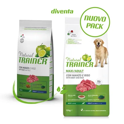 Natural Trainer hundefoder, MAXI/ADULT, CON MANZO E RISO WITH BEEF AND RICE, 12 kg pose. Synligt: oksekød, ris, æble, lime, hørfrø, spirulina. Tekst: NUOVO PACK, MADE IN ITALY.