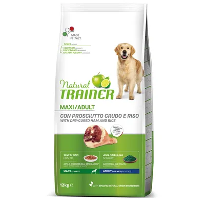 Natural Trainer Maxi/Adult cibo per cani con prosciutto crudo e riso, Made in Italy, senza coloranti, conservanti o zuccheri aggiunti. Per cani da 15 mesi, confezione da 12 kg.