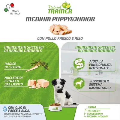 Natural Trainer Medium Puppy&Junior s piščancem in rižem. Sestavine: radič, nukleotidi iz kvasa, ribje in algino olje. Brez barvil, konzervansov, dodanih sladkorjev. Izdelano v Italiji.